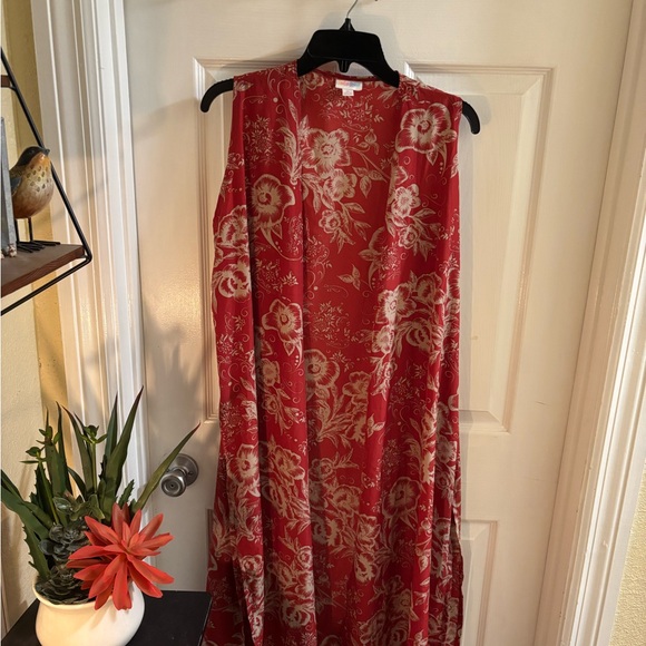 LuLaRoe Jackets & Blazers - LuLaRoe Red and Cream Floral Boho Maxi Vest, Size M